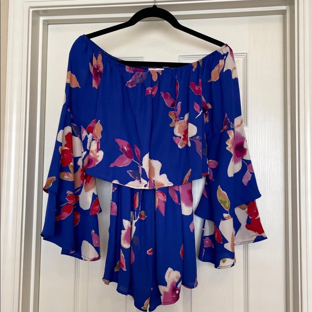 Pink Lily Boutique Blue Floral Romper